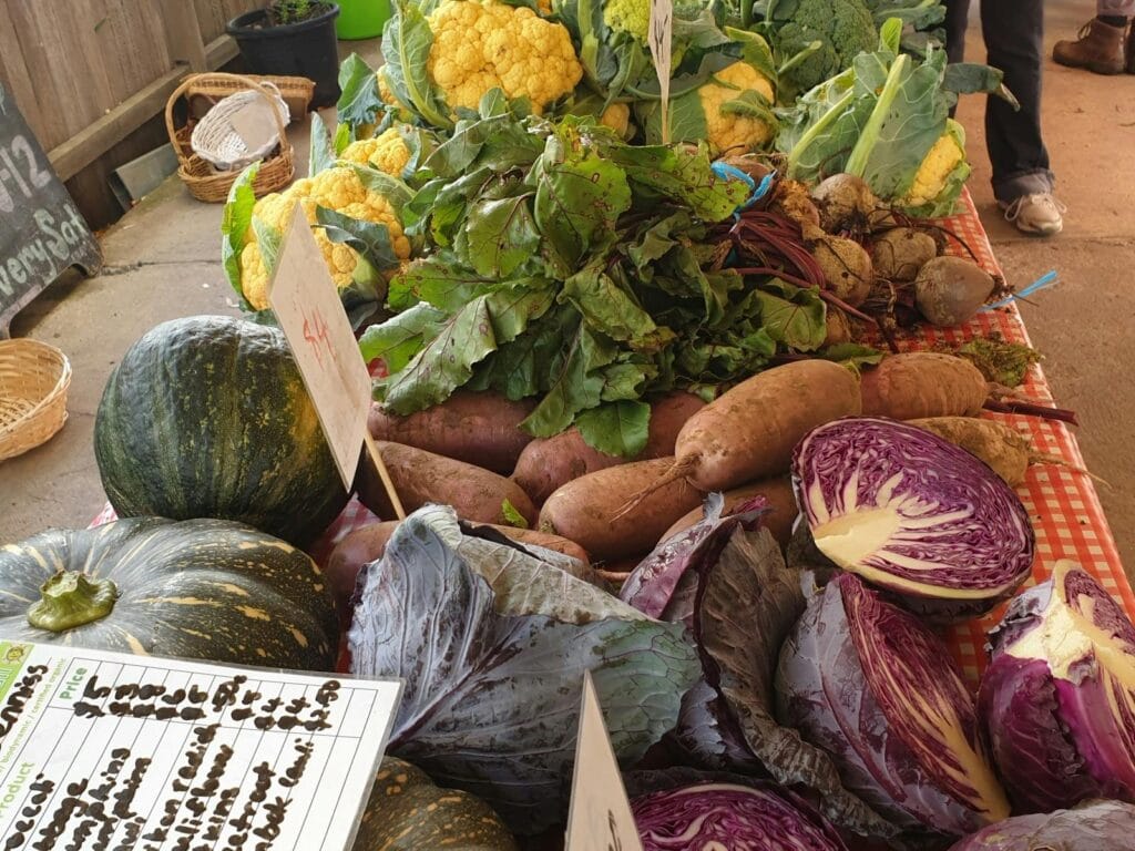 Fresh local vegetables at a growers market stall in Dungog NSW